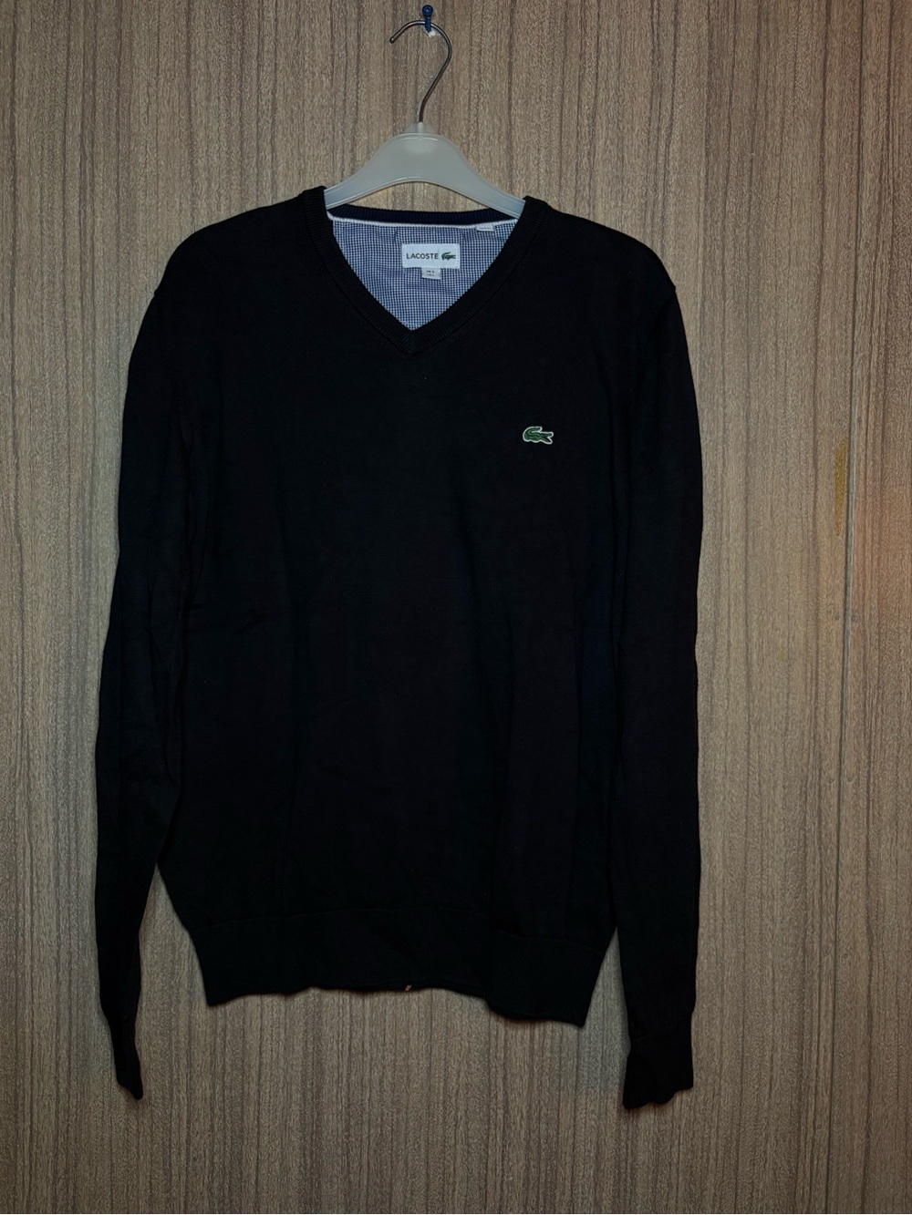 Lacoste Men's V-Neck Sweater in Black with Green Croc Logo